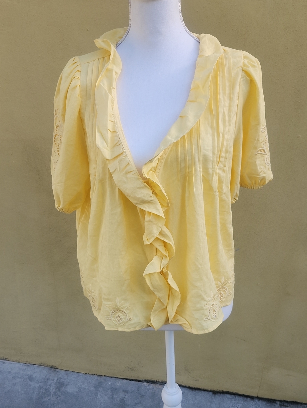 Calypso St. Barth Linen Soft Yellow Ruffle Front Blouse